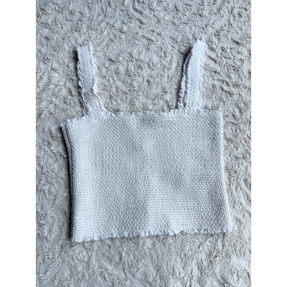Alice + Olivia White Smocked Cotton Silk Ruffle Crop Top Sleeveless Tank Cami M - Picture 11 of 14